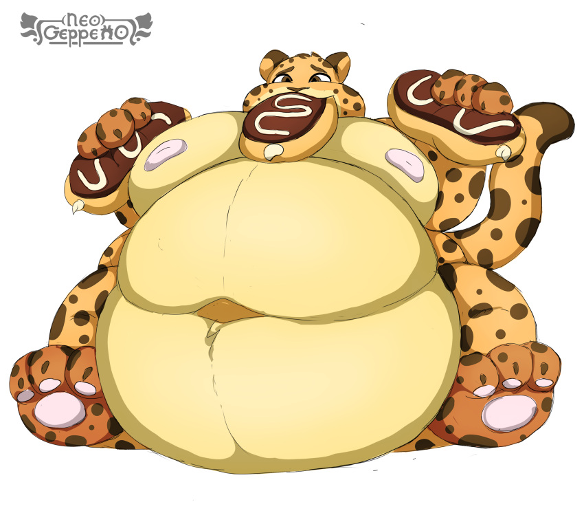 anthro belly benjamin_clawhauser big_belly butt cheetah digital_media_(artwork) disney english_text feeding felid feline fur hi_res hyper hyper_belly inflation male mammal morbidly_obese morbidly_obese_anthro neo_geppetto nipples obese obese_anthro overweight overweight_anthro overweight_male simple_background solo spots spotted_body text thick_thighs weight_gain wide_hips zootopia