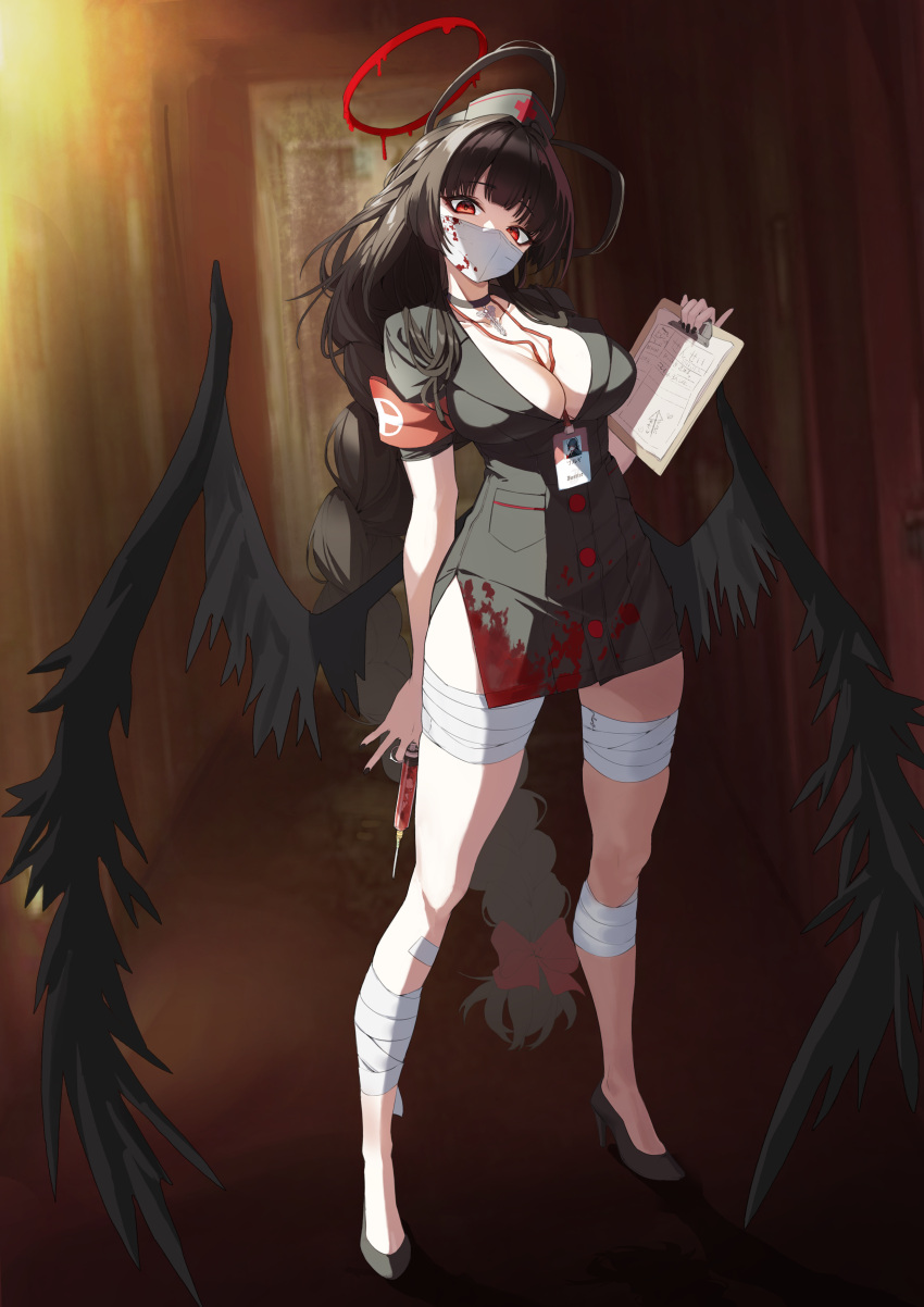 1girl absurdres antenna_hair armband bandaged_leg bandages between_breasts black_choker black_footwear black_hair black_headwear black_wings blood blood_halo blood_on_clothes blue_archive braid breasts choker cleavage clipboard collarbone full_body hair_ribbon halloween_costume halo hat high_heels highres holding holding_clipboard holding_syringe id_card large_breasts long_braid long_hair low_wings mask mouth_mask nurse nurse_cap pinky_out red_armband red_eyes red_halo ribbon short_sleeves single_braid solo standing surgical_mask syringe td_(tandeom97) tsurugi_(blue_archive) very_long_hair white_mask wings