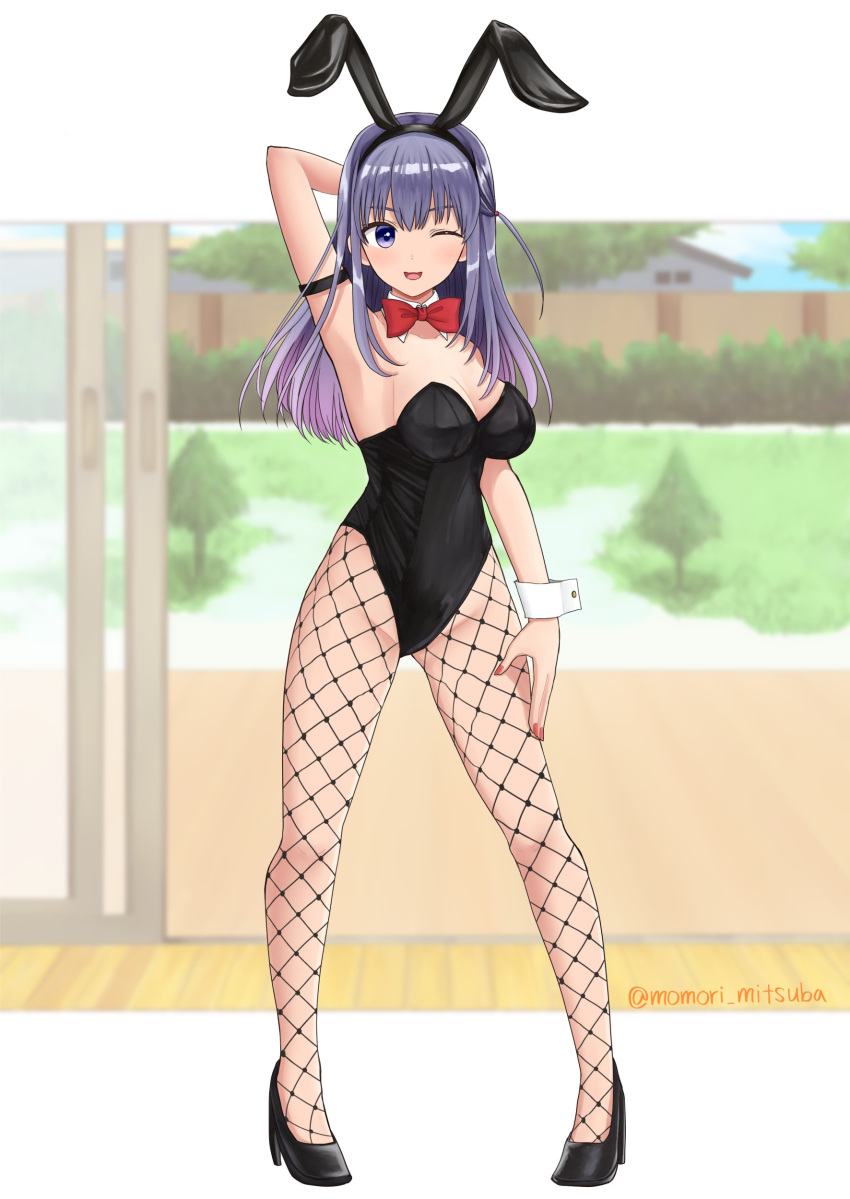 1girl :d absurdres animal_ears arm_behind_head arm_up armlet artist_name black_footwear black_leotard blush bow bowtie breasts bunny_day cleavage detached_collar dot_nose fake_animal_ears fishnet_pantyhose fishnets gradient_hair hand_on_own_leg high_heels highleg highleg_leotard highres idoly_pride large_breasts legs_apart leotard letterboxed long_bangs long_hair momori_mitsuba multicolored_hair nagase_mana nail_polish one_eye_closed one_side_up open_mouth outside_border pantyhose pink_hair playboy_bunny purple_hair rabbit_ears raised_eyebrows red_bow red_bowtie red_nails sliding_doors smile solo straight_hair strapless strapless_leotard thighs traditional_bowtie white_wrist_cuffs