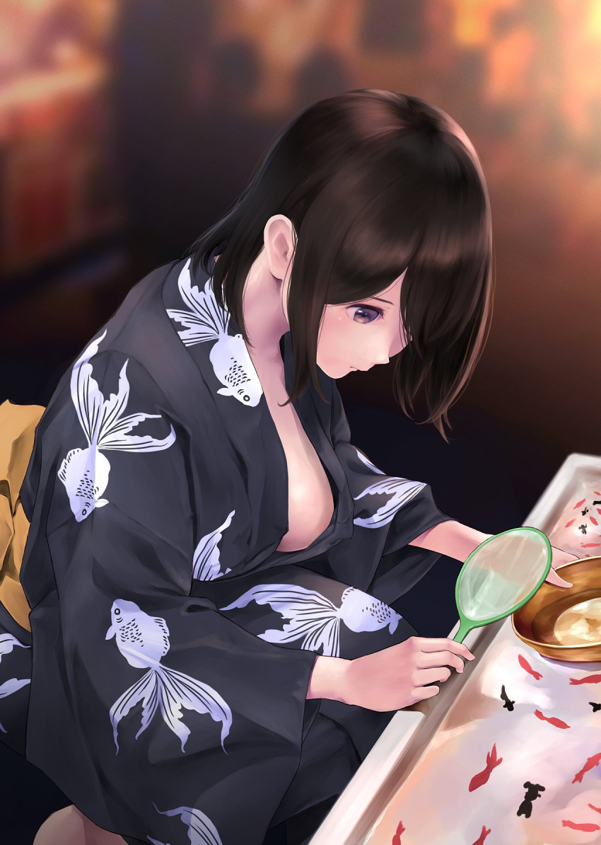 1girl akitsu_maru_(kancolle) akitsu_maru_kai_(kancolle) animal_print black_kimono breasts brown_hair commission fish fish_print goldfish goldfish_scooping highres japanese_clothes kantai_collection kimono long_sleeves purple_eyes sash short_hair skeb_commission solo wa_(genryusui) wide_sleeves