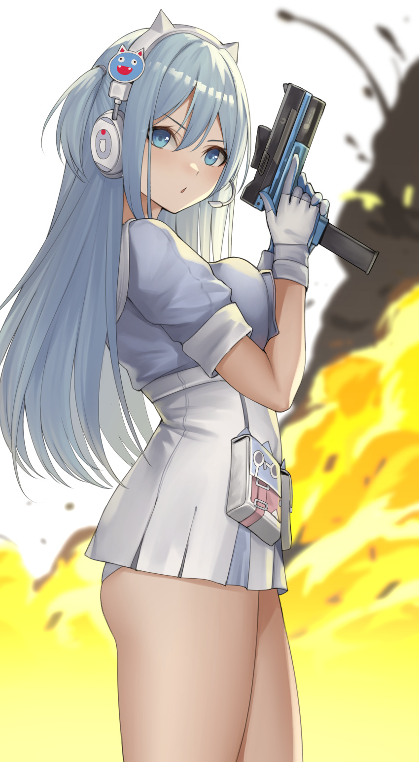 1girl absurdres animal_ear_headphones animal_ears ass blue_eyes blue_hair blue_shirt breasts collared_dress commentary dress explosion fake_animal_ears goddess_of_victory:_nikke gun hair_between_eyes headphones headset highres holding holding_gun holding_weapon long_hair looking_at_viewer medium_breasts nyatokanyaru panties pantyshot parted_lips pouch sailor_collar shifty_(nikke) shirt short_sidetail short_sleeves sidelocks skirt solo standing underwear weapon white_dress white_sailor_collar