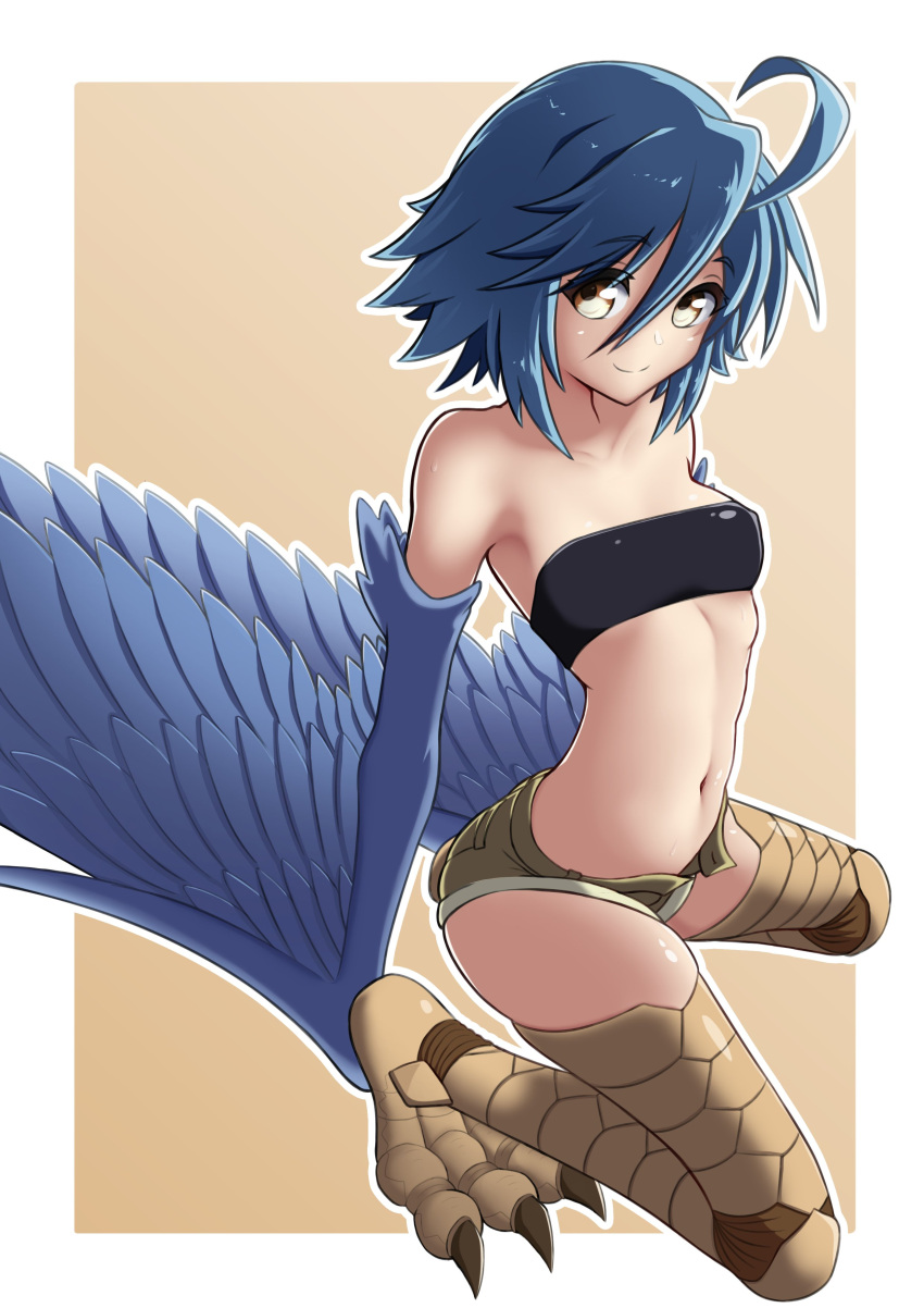 1girl absurdres ahoge bare_shoulders bird_legs black_tube_top blue_feathers blue_hair blue_wings blush breasts commentary english_commentary feathered_wings feathers hair_between_eyes harpy highres looking_at_viewer midriff monster_girl monster_musume_no_iru_nichijou navel open_fly papi_(monster_musume) puroppa scales short_hair shorts small_breasts smile solo strapless talons tube_top two-tone_background winged_arms wings yellow_eyes