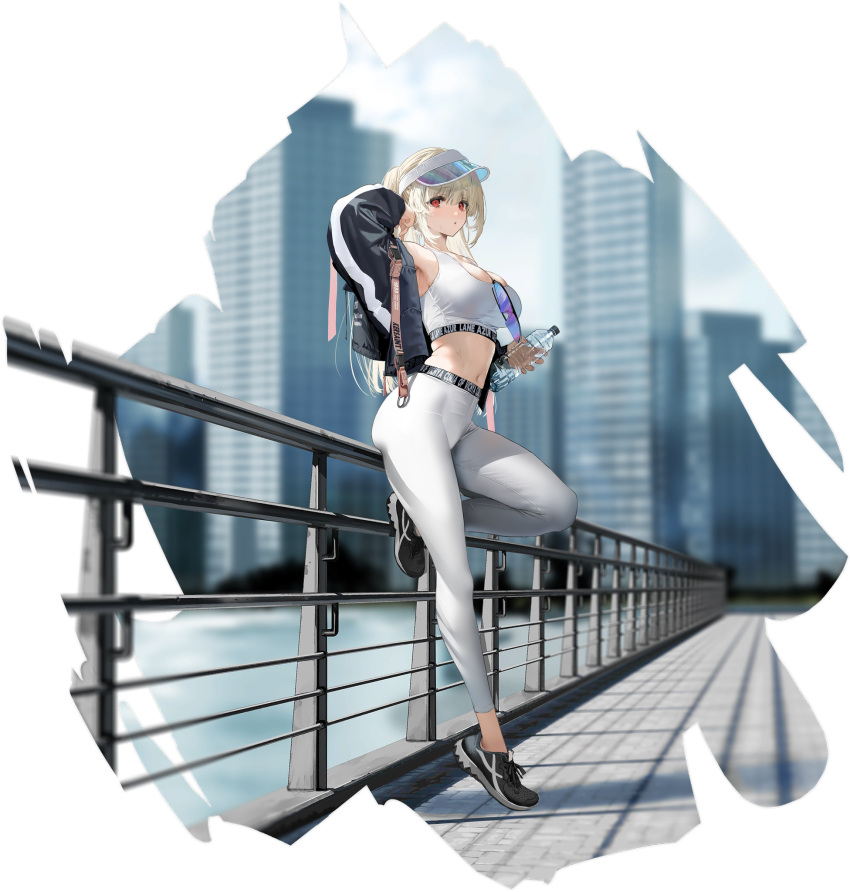 1girl armpits azur_lane bare_shoulders black_footwear black_jacket blonde_hair blue-tinted_eyewear blush breasts building character_name city cleavage crop_top eyewear_hang eyewear_removed from_side highres jacket kersaint_(azur_lane) kersaint_(reverent_runner)_(azur_lane) large_breasts leg_up long_hair long_sleeves looking_at_viewer midriff mimoza_(96mimo414) multiple_views navel off_shoulder official_alternate_costume official_art open_clothes open_jacket open_mouth outdoors pants red_eyes shirt shoes sneakers sports_bra sports_sunglasses standing sunglasses sweat sweatdrop tank_top thighs tight_clothes tinted_eyewear twintails visor_cap white_pants white_shirt white_sports_bra yoga_pants