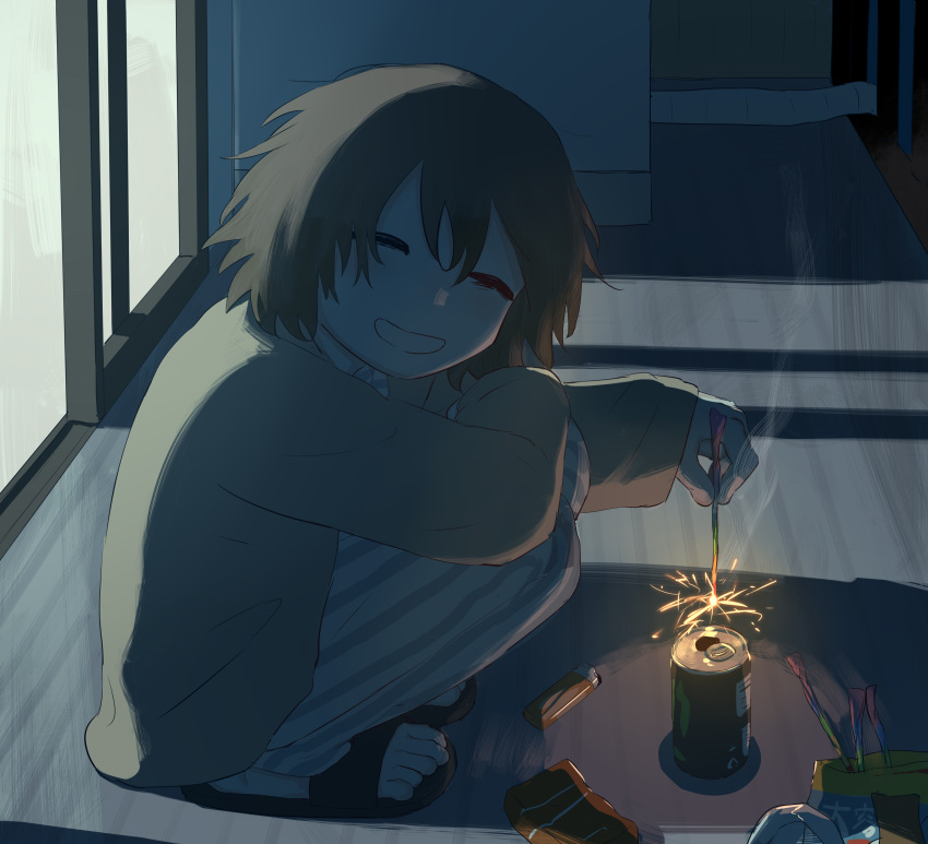 1boy absurdres avogado6 brown_hair can closed_eyes highres holding_fireworks indoors lighter long_sleeves looking_at_viewer medium_hair original pants sandals sliding_doors smile solo squatting sweater teeth yellow_sweater