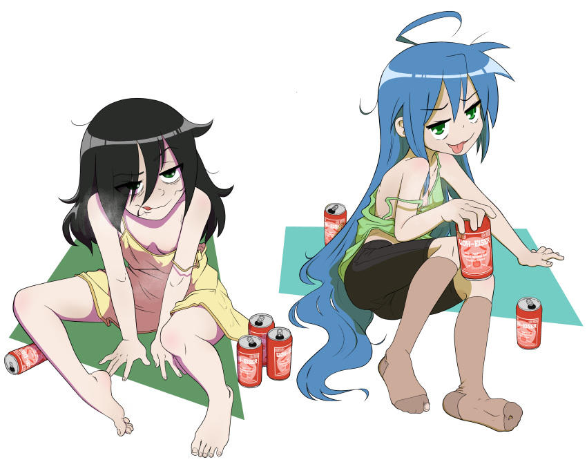 2girls absurdres ahoge alcohol areola_slip barefoot beer beer_can bike_shorts breasts brown_socks camisole can commentary death_by_lolis dress drunk english_commentary eyes_visible_through_hair green_camisole hair_over_one_eye heavy_breathing highres izumi_konata kneehighs kuroki_tomoko long_hair lucky_star messy_hair multiple_girls sitting small_breasts socks strap_slip tongue tongue_out very_long_hair watashi_ga_motenai_no_wa_dou_kangaetemo_omaera_ga_warui! yellow_dress yokozuwari