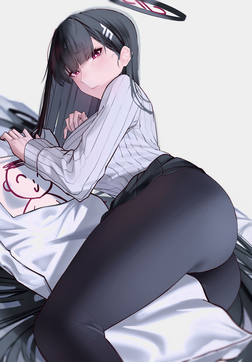1girl arona's_sensei_doodle_(blue_archive) ass between_thighs black_pantyhose black_skirt blue_archive breasts bright_pupils cliov dakimakura_(object) feet_out_of_frame hair_spread_out highres large_breasts looking_at_viewer looking_to_the_side pantyhose pillow rio_(blue_archive) sensei_(blue_archive) shirt simple_background skirt solo straight_hair striped striped_shirt white_background
