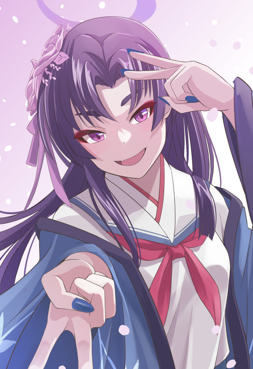 1girl blue_archive blue_nails commentary_request fingernails flower gyaru_v hair_flower hair_ornament halo haori highres hime_cut japanese_clothes long_hair looking_at_viewer neckerchief nikulas_cage open_mouth pink_flower purple_eyes purple_hair purple_halo red_neckerchief school_uniform serafuku smile solo upper_body v yukari_(blue_archive)