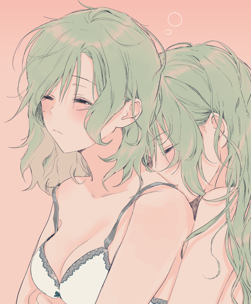 2girls absurdres bang_dream! blush bra breasts cleavage closed_eyes closed_mouth collarbone commentary green_hair highres hikawa_hina hikawa_sayo hug hug_from_behind incest long_hair medium_breasts medium_hair multiple_girls parted_lips pink_background siblings simple_background twincest twins underwear upper_body yuri zihacheol