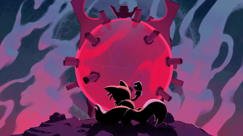 1boy absurdres back boots clenched_hand evan_stanley fox_boy gloves glowing highres kneeling male_focus night night_sky orb outdoors shadow silhouette sky smoke sonic_(series) sonic_frontiers tails_(sonic) tube