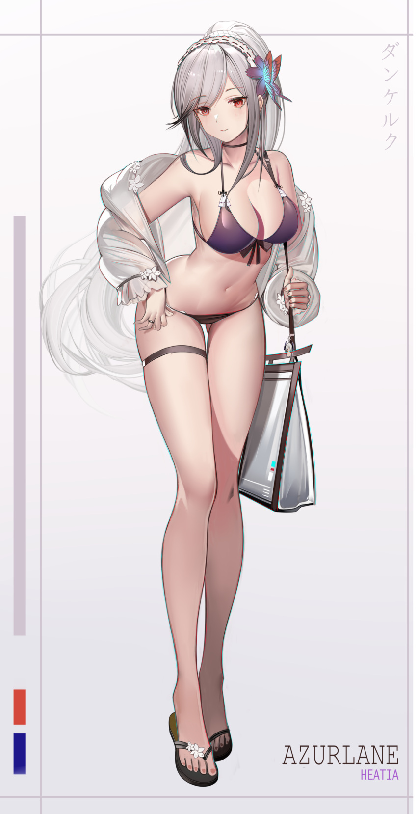 1girl absurdres azur_lane bag bikini black_choker blush breasts butterfly_hair_ornament choker commentary_request dunkerque_(azur_lane) dunkerque_(summer_sucre)_(azur_lane) front-tie_bikini_top front-tie_top full_body grey_hair hair_ornament headband headdress heatia highres jacket jewelry large_breasts long_hair navel official_alternate_costume purple_bikini red_eyes revision ring shoulder_bag sidelocks swimsuit thigh_strap thighhighs very_long_hair white_jacket