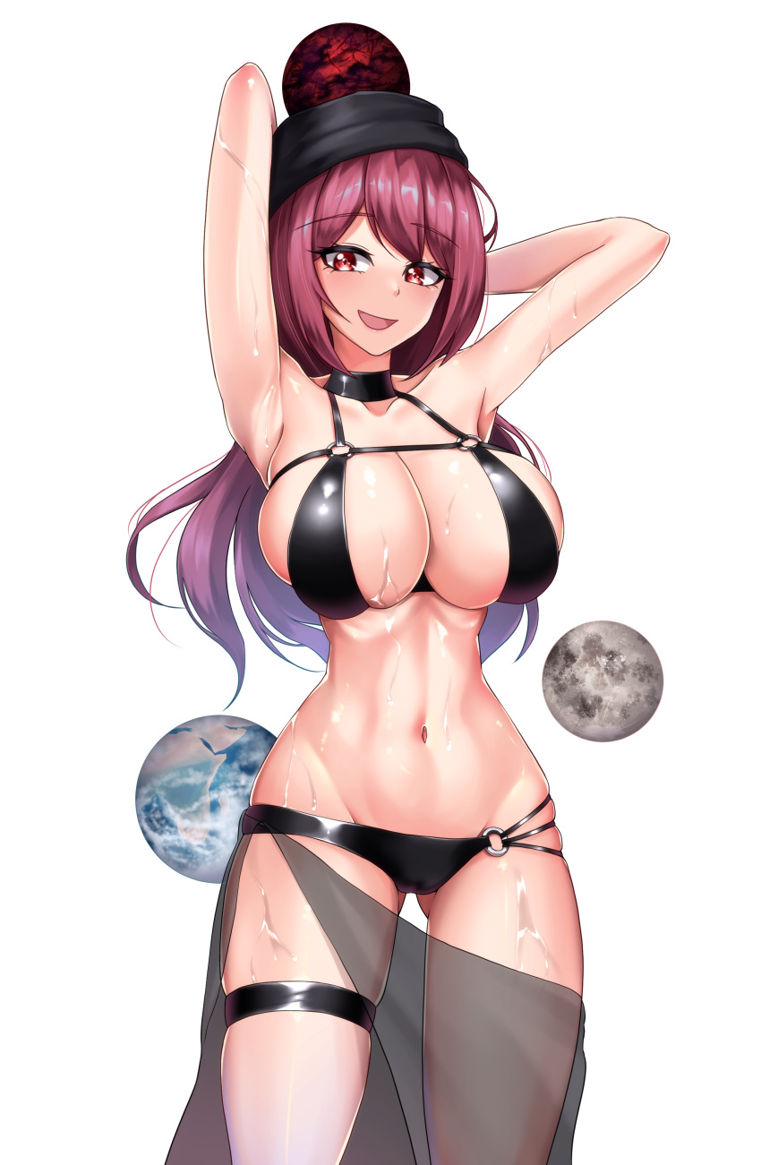 1girl :d absurdres armpits arms_behind_head bikini black_bikini black_choker black_headwear blush breasts choker earth_(ornament) hecatia_lapislazuli highres large_breasts leo23 long_hair looking_at_viewer lowleg lowleg_bikini moon_(ornament) navel o-ring o-ring_bikini polos_crown presenting_armpit red_eyes red_hair see-through simple_background smile solo swimsuit thigh_strap touhou underworld_(ornament) white_background