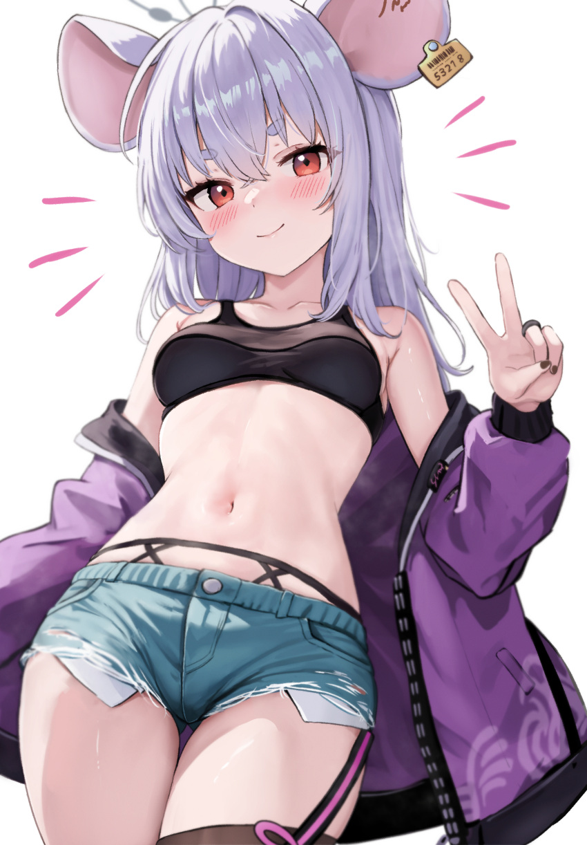 1girl absurdres animal_ears bare_shoulders black_nails black_tank_top blue_archive blue_shorts blush breasts closed_mouth collarbone commentary_request crop_top crossed_bangs ear_tag grey_hair hair_between_eyes hand_up highres jacket jewelry long_hair long_sleeves looking_at_viewer micro_shorts midriff mochitsuki_karen mouse_ears mouse_girl nail_polish navel off_shoulder official_alternate_costume petite puffy_long_sleeves puffy_sleeves purple_jacket ring saya_(blue_archive) saya_(casual)_(blue_archive) short_eyebrows shorts simple_background small_breasts smile solo tank_top thick_eyebrows v white_background