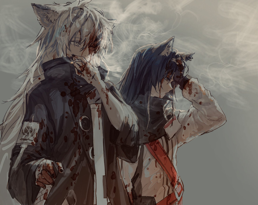 2girls animal_ear_fluff animal_ear_piercing animal_ears arknights belt black_coat black_hair blood blood_on_clothes blood_on_face blood_on_hands capelet coat grey_eyes hand_in_own_hair hand_on_weapon high_collar highres jacket lappland_(arknights) long_hair multiple_girls mutomorokoshi name_tag red_belt smoke smoking texas_(arknights) white_hair white_jacket wolf_ears wolf_girl