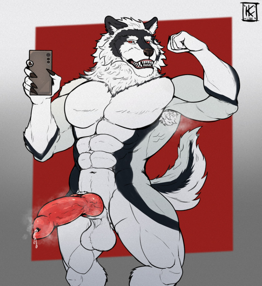 abs animal_genitalia animal_penis anthro armpit_hair balls big_balls big_penis black_highlights body_hair canid canine canine_genitalia canine_penis canis cellphone erection fangs flexing flexing_bicep fur genitals hi_res highlights_(coloring) kirlanlion male mammal muscular muscular_anthro muscular_male musk_clouds musky_armpit musky_cock nude_anthro nude_male pecs penis phone selfie solo teeth vein veiny_penis white_body white_fur wolf yellow_eyes