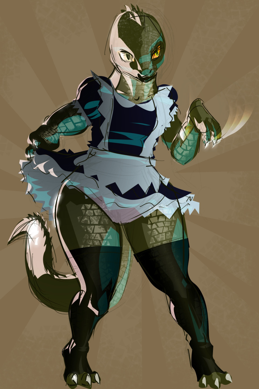 absurd_res anthro bottomwear clothed clothing crocodilian dress female greenpolygon hi_res humanoid krita_(program) legwear maid_uniform reptile reptoid scales scalie short_dress simple_background solo tail thigh_highs tight_bottomwear tight_clothing uniform