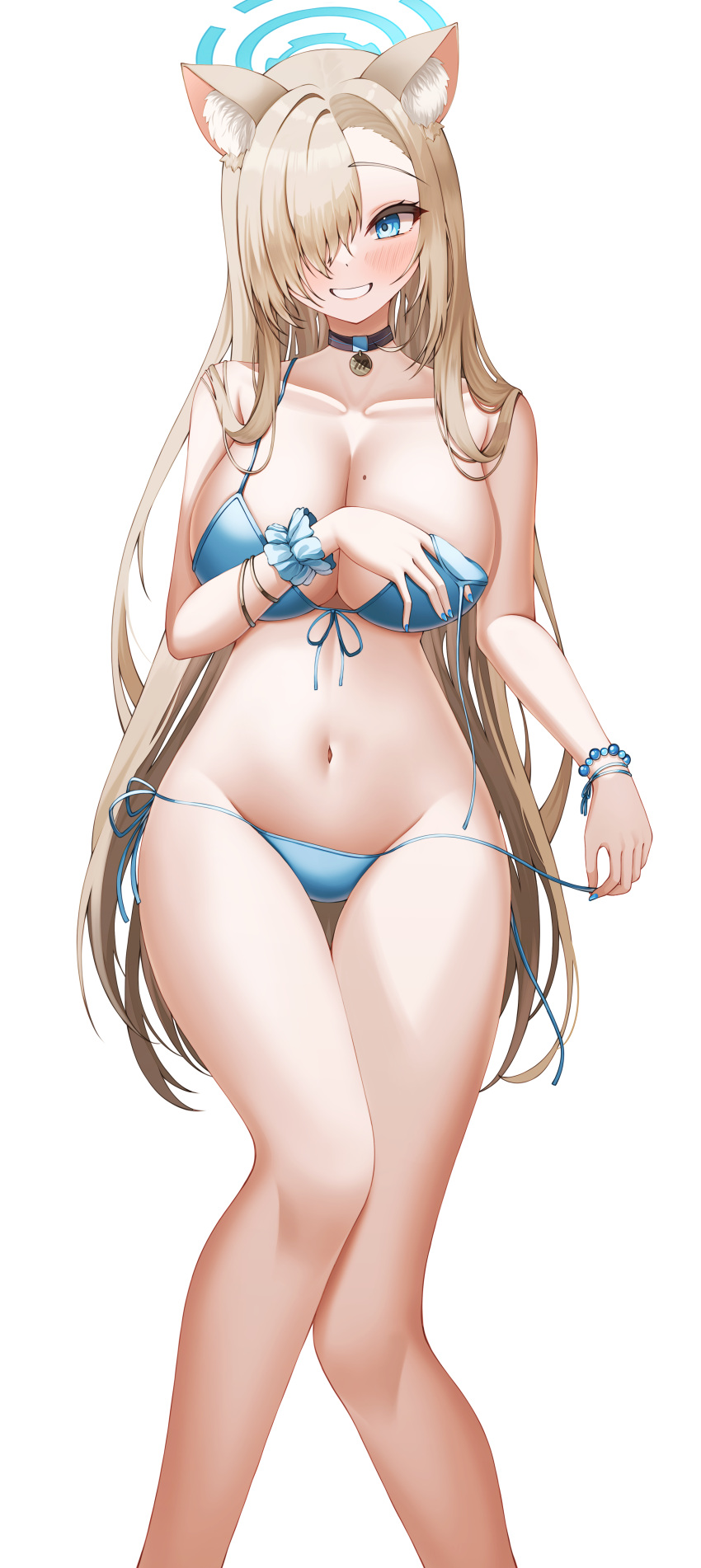 1girl absurdres animal_ear_fluff animal_ears asuna_(blue_archive) bare_shoulders bikini black_choker blue_archive blue_bikini blue_eyes blush breasts cat_ears cat_girl choker front-tie_bikini_top front-tie_top grin hair_over_one_eye halo highres large_breasts light_brown_hair long_hair looking_at_viewer mole mole_on_breast navel side-tie_bikini_bottom siru smile solo swimsuit thighs white_background