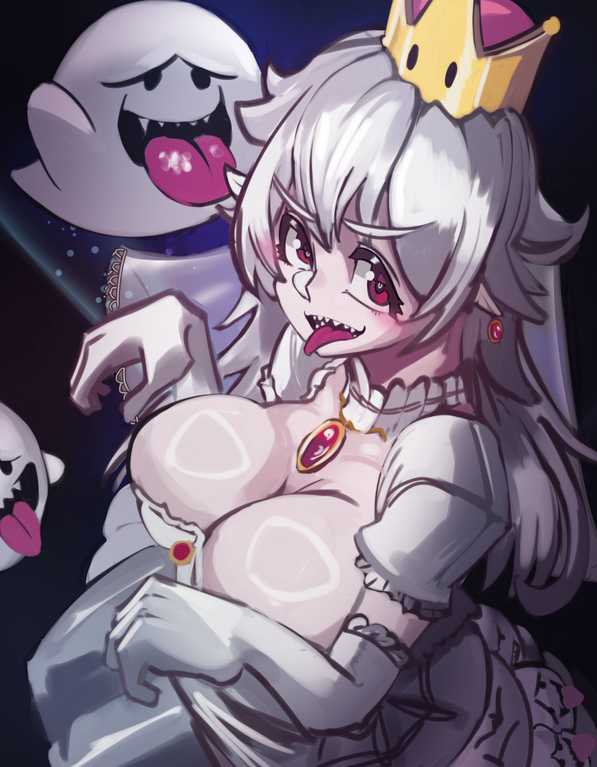 1girl absurdres breasts crown dress ghost highres long_hair looking_at_viewer mario_(series) moxydraws princess_king_boo red_eyes shiny_skin tongue white_hair