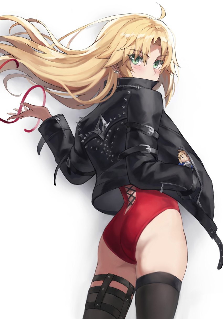 1girl ahoge ass back black_jacket blonde_hair buruma cowboy_shot earrings fate/apocrypha fate_(series) floating_hair from_behind gradient_background green_eyes hair_ribbon highleg highleg_swimsuit highres jacket jewelry leather leather_jacket long_hair long_sleeves looking_at_viewer looking_back mordred_(fate) mordred_(fate/apocrypha) one-piece_swimsuit red_one-piece_swimsuit red_ribbon ribbon ribbon_removed solo swimsuit tonee translation_request