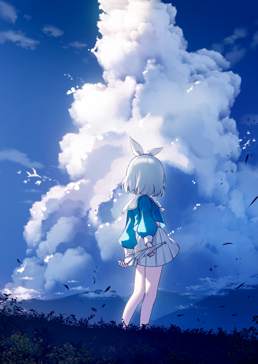 1girl arona_(blue_archive) blue_archive blue_hair blue_shirt blue_sky bow closed_umbrella cloud cloudy_sky commentary_request cumulonimbus_cloud day facing_away from_side hair_ribbon highres holding holding_umbrella long_sleeves outdoors pleated_skirt puffy_long_sleeves puffy_sleeves ribbon sailor_collar shirt skirt sky solo standing umbrella white_bow white_ribbon white_sailor_collar white_skirt white_umbrella yan_(nicknikg)