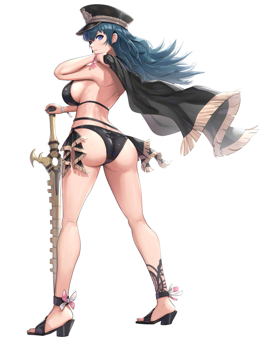1girl absurdres ass bikini black_bikini blue_eyes blue_hair breasts byleth_(female)_(fire_emblem) byleth_(fire_emblem) fire_emblem fire_emblem:_three_houses from_behind full_body gonzarez hat high_heels highres large_breasts long_hair looking_at_viewer looking_back shiny_skin sideboob simple_background solo standing swimsuit sword weapon white_background