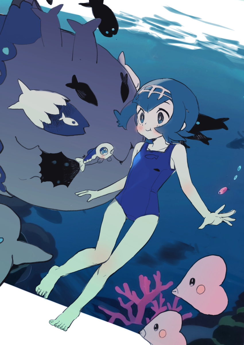 1girl :t abe_(kumayu) absurdres bare_legs barefoot blue_eyes blue_hair bright_pupils commentary_request coral fish hairband highres holding_breath lana_(pokemon) luvdisc no_sclera one-piece_swimsuit pokemon pokemon_(creature) pokemon_(game) pokemon_sm short_hair swimsuit toes underwater white_pupils wishiwashi wishiwashi_(school) yellow_hairband