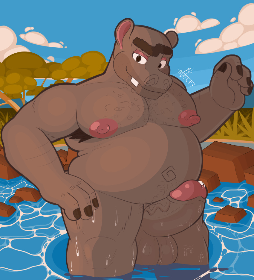 absurd_res animal_humanoid anthro areola armpit_hair balls belly belly_hair big_balls big_penis blue_sky bodily_fluids body_hair brown_hair chest_hair cloud common_hippopotamus damelty dreamworks erect_nipples erection genital_fluids genitals glans glistening glistening_areola grass grey_body hair hairy_balls hi_res hippopotamid hippopotamid_humanoid huge_balls huge_pecs huge_penis humanoid lake light madagascar_(series) male mammal mammal_humanoid moto_moto musclegut muscular muscular_thighs navel nipples overweight overweight_anthro overweight_male partially_submerged pecs penis pink_glans pink_nipples plant precum rock savanna sky smile solo sunlight sunset teeth tree water wet wet_body