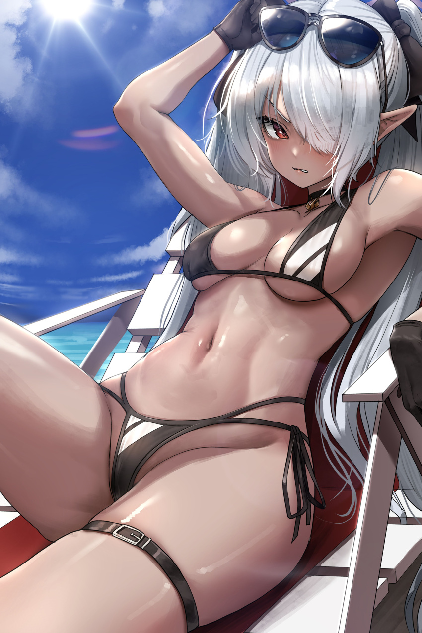 1girl absurdres arm_up beach_chair bikini black_bikini black_choker black_gloves blue_archive blue_sky breasts choker clenched_teeth cloud dark-skinned_female dark_skin day doyoon_7 eyewear_on_head glaring gloves grey_hair groin hair_over_one_eye highres iori_(blue_archive) iori_(swimsuit)_(blue_archive) leaning_back long_hair looking_at_viewer medium_breasts navel official_alternate_costume outdoors pointy_ears red_eyes sitting sky solo stomach sunglasses sunlight swimsuit teeth thigh_strap thighs twintails v-shaped_eyebrows very_long_hair