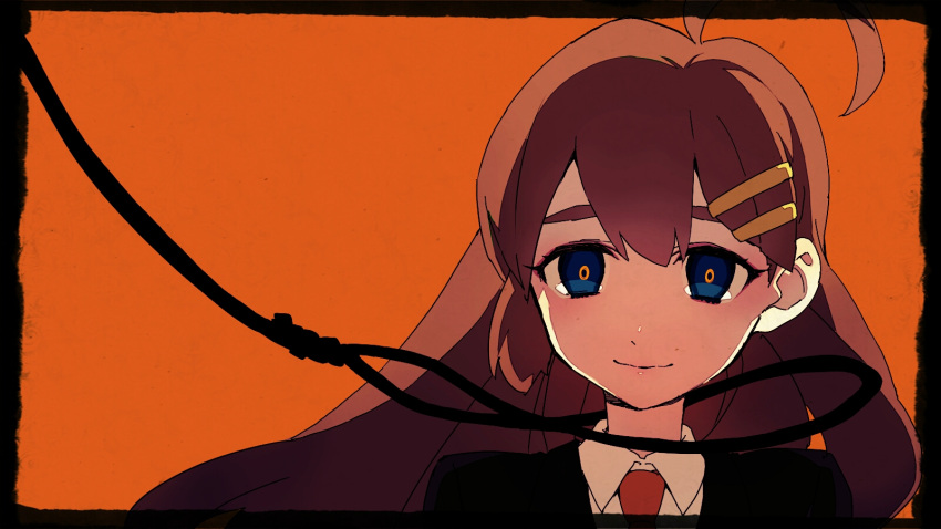 1girl ahoge black_jacket blue_eyes brown_hair closed_mouth collared_shirt commentary_request eyebrows_hidden_by_hair ganeshia hair_ornament hairclip highres hod_(project_moon) jacket lobotomy_corporation long_hair looking_at_viewer necktie noose orange_background project_moon red_necktie sad_smile shirt solo spoilers white_shirt