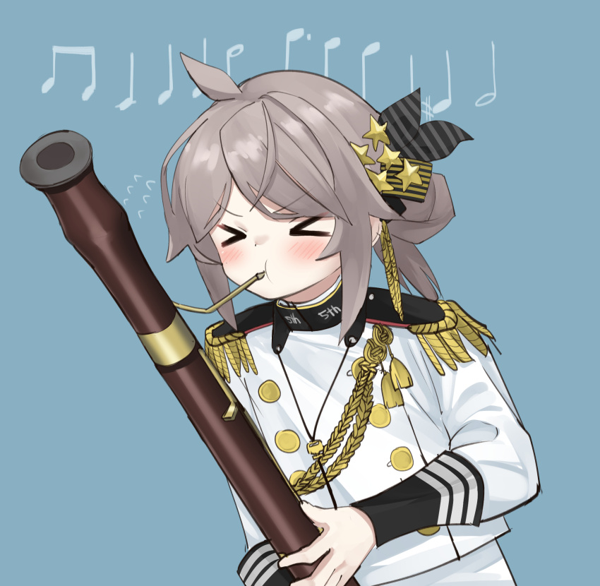 bassoon black_wrist_cuffs celebration closed_eyes concentrating girls'_frontline highres instrument m200_(girls'_frontline) m200_(solemn_march)_(girls'_frontline) military music musical_note pepsi2330 playing_instrument simple_background white_uniform