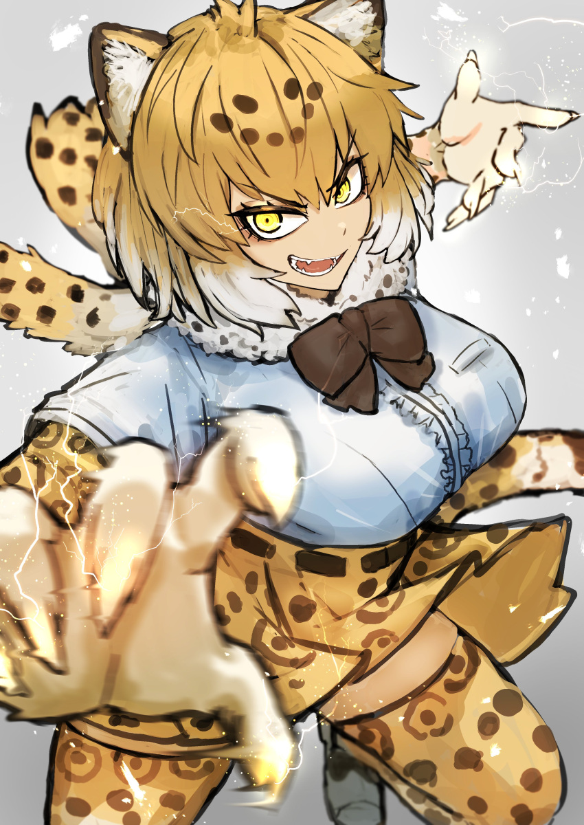 1girl absurdres adeshi_(adeshi0693119) animal_ears belt blonde_hair bow bowtie elbow_gloves extra_ears gloves grey_background highres jaguar_(kemono_friends) jaguar_ears jaguar_print jaguar_tail kemono_friends kneehighs looking_at_viewer shirt shoes short_hair simple_background skirt socks solo tail yellow_eyes