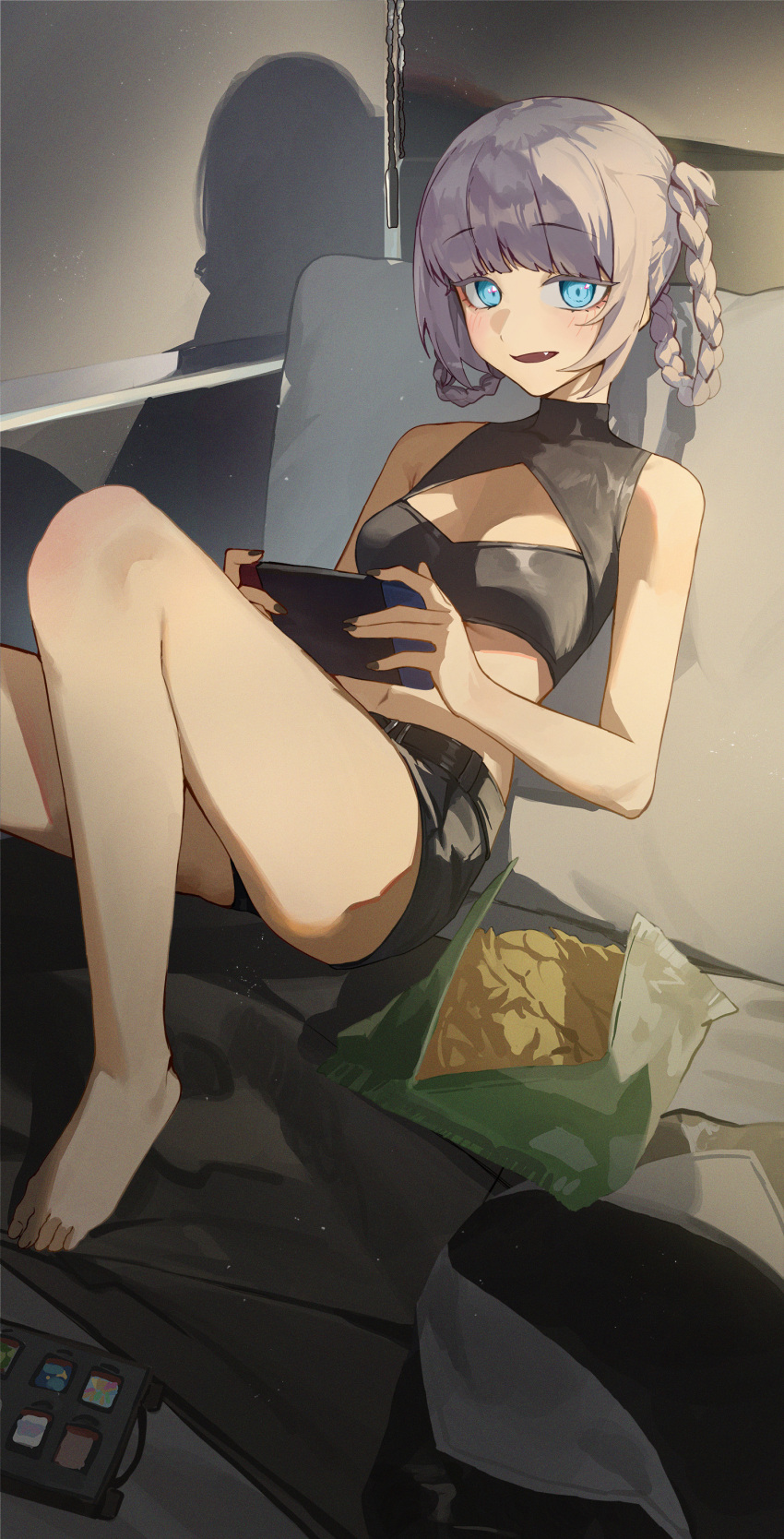 1girl absurdres bare_arms bare_shoulders barefoot black_nails black_shorts black_tank_top blue_eyes braided_hair_rings breasts chips_(food) cleavage_cutout clothing_cutout couch crop_top fang feet food hair_rings handheld_game_console highres holding holding_handheld_game_console indoors kji_(rozo) looking_at_viewer nanakusa_nazuna_(yofukashi_no_uta) navel nintendo_switch on_couch open_mouth potato_chips shorts sitting sleeveless sleeveless_turtleneck small_breasts solo tank_top thighs turtleneck white_hair yofukashi_no_uta
