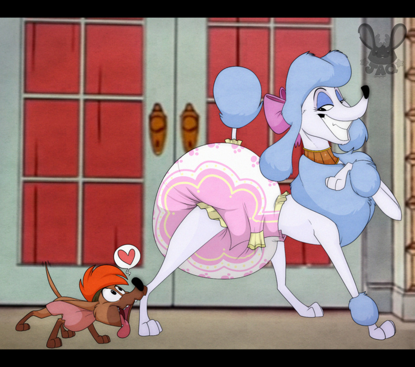 &lt;3 accessory big_ears blue_body blue_fur bow_ribbon brown_body brown_fur canid canine canis chihuahua cleaning clothed clothing curtains detailed_shading diaper diaper_fetish diaper_only disney domestic_dog door doorknob duo female footprint fur georgette_(disney) hair_accessory hair_bow hair_ribbon head_tuft headband heyitsjaq jewelry male mammal necklace oliver_and_company open_mouth pattern_diaper pawprint pink_diaper poodle ribbons screencap screencap_background shaded speech_bubble symbol tape teeth tito_(disney) tongue tongue_out topless toy_dog tuft watermark wearing_diaper white_diaper