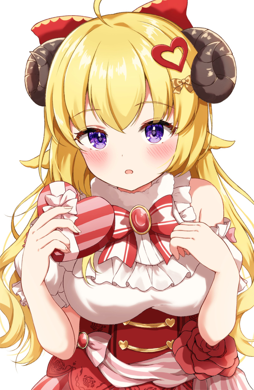 1girl :o absurdres ahoge alternate_costume animal_ears blonde_hair blush bow box breasts commentary_request floral_print fur-trimmed_collar hair_bow hair_ornament heart heart-shaped_box heart-shaped_pupils heart_hair_ornament highres hololive horns large_breasts long_hair looking_at_viewer purple_eyes red_brooch rinkaa_(lovelive765pro2) rose_print sheep_ears sheep_girl sheep_horns simple_background solo symbol-shaped_pupils tsunomaki_watame upper_body virtual_youtuber white_background