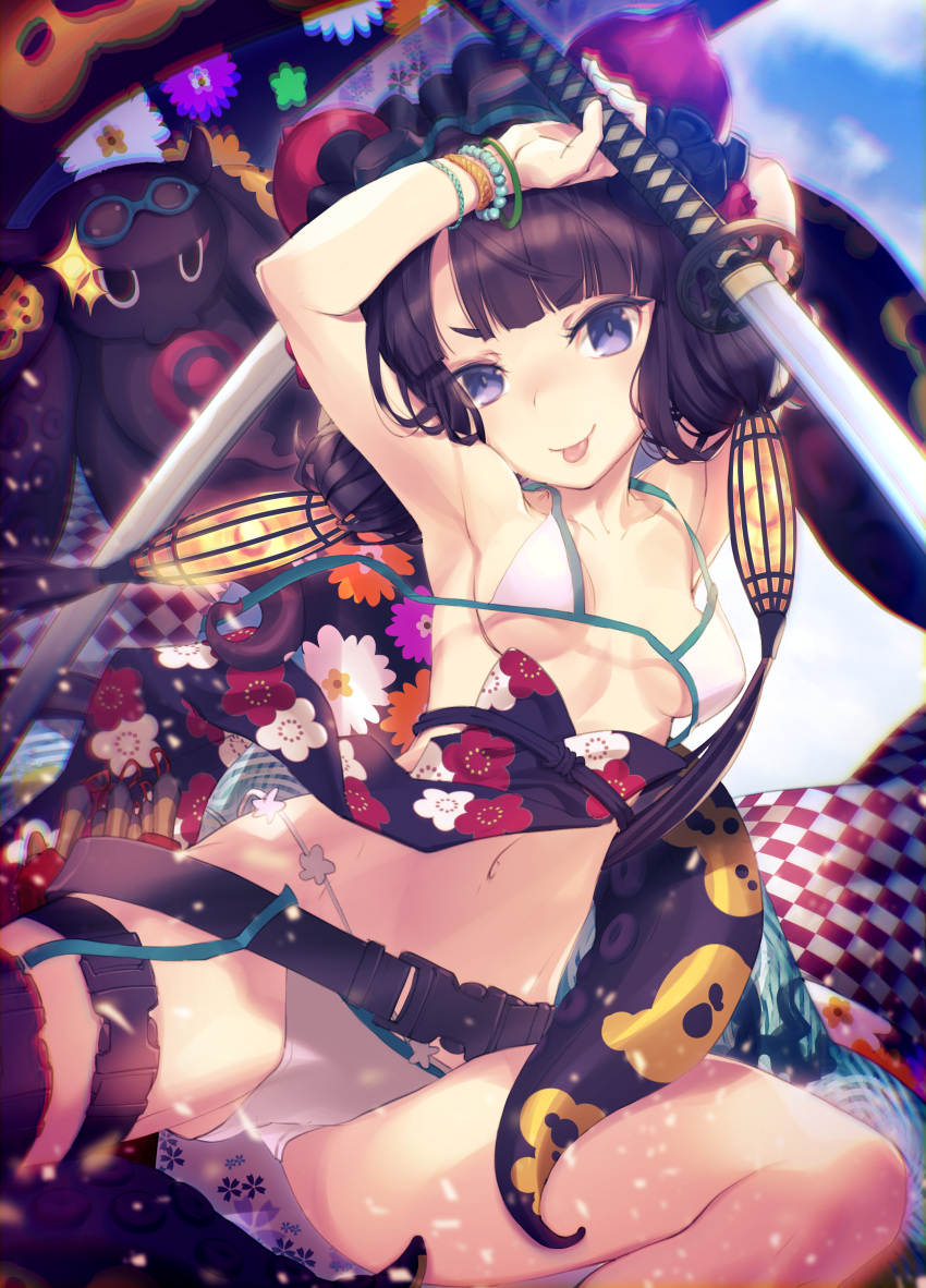 1girl absurdres aikura_chihiro bare_shoulders bead_bracelet beads belt bikini blue_eyes bracelet breasts cleavage collarbone fate/grand_order fate_(series) floral_print goggles goggles_on_head hair_bun hair_ornament highres jewelry katana katsushika_hokusai_(fate) katsushika_hokusai_(swimsuit_saber)_(fate) long_hair looking_at_viewer medium_breasts navel obi octopus purple_hair sash sidelocks smile swimsuit sword thigh_strap thighs tokitarou_(fate) tongue tongue_out weapon white_bikini