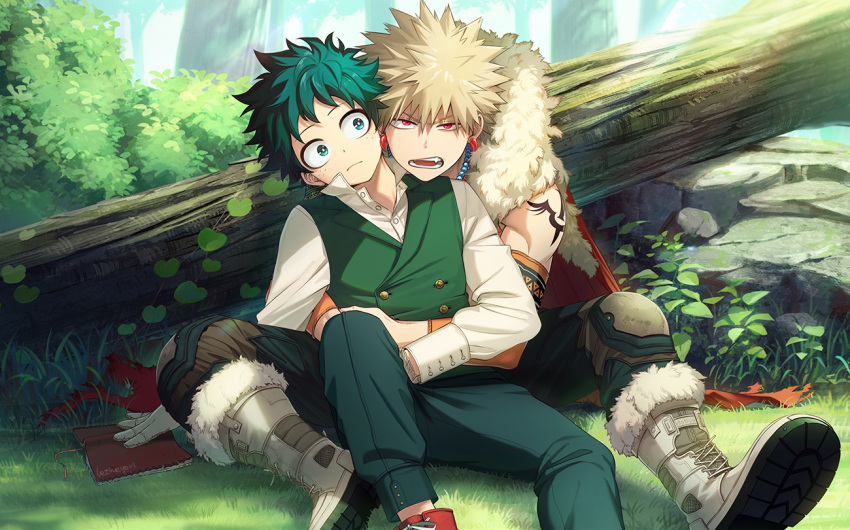 2boys alternate_universe bakugou_katsuki bare_shoulders bead_necklace beads between_legs black_pants blonde_hair blue_pants body_markings boku_no_hero_academia book boots bright_pupils bush buttons cape closed_mouth collared_shirt cross-laced_footwear curly_hair detached_sleeves dorsiflexion dot_nose double-breasted dress_shirt earrings feet_out_of_frame freckles freestyle18 frown full_body fur-trimmed_boots fur-trimmed_cape fur_trim gloves grass green_eyes green_hair green_vest grey_footwear grey_gloves hair_between_eyes hand_on_ground head_tilt hug hug_from_behind jewelry knee_boots knee_pads knee_up lapels leaning_on_person log long_sleeves looking_at_another looking_at_viewer looking_away looking_to_the_side magatama magatama_earrings male_focus midoriya_izuku multiple_boys necklace notched_lapels official_alternate_costume on_grass on_ground open_book open_collar open_mouth orange_cape outdoors pac-man_eyes pants partially_unbuttoned plant red_eyes rock sanpaku shadow shirt shoe_soles short_hair sideways_glance sitting sleeve_cuffs spiked_hair spread_legs straight-on torn_cape torn_clothes tree triangle_print twitter_username uneven_eyes v-shaped_eyebrows vest vines white_pupils white_shirt