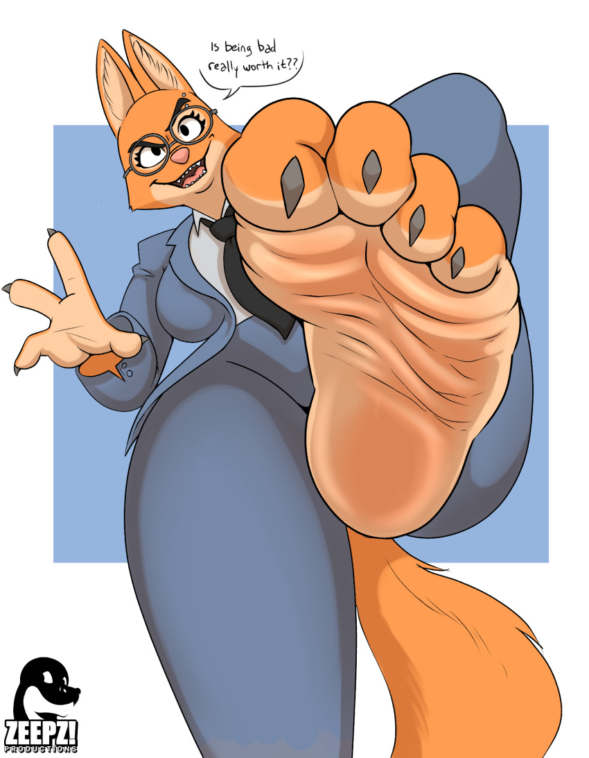 2023 4_fingers 4_toes anthro canid canine claws clothing dialogue diane_foxington digital_media_(artwork) dreamworks english_text eyebrows eyewear feet female fingers foot_fetish foot_focus fox glasses hi_res humanoid_feet looking_at_viewer mammal plantigrade soles solo text the_bad_guys toe_claws toes zp92