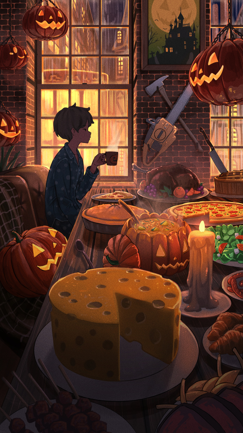 1boy absurdres axe candle chainsaw cheese croissant cup food fruit grapes halloween highres holding holding_cup jack-o'-lantern knife male_focus mug night orange_(fruit) original pajamas pasoputi picture_(object) pie pizza pumpkin pumpkin_soup salad short_hair sitting spoon table turkey_(food) window