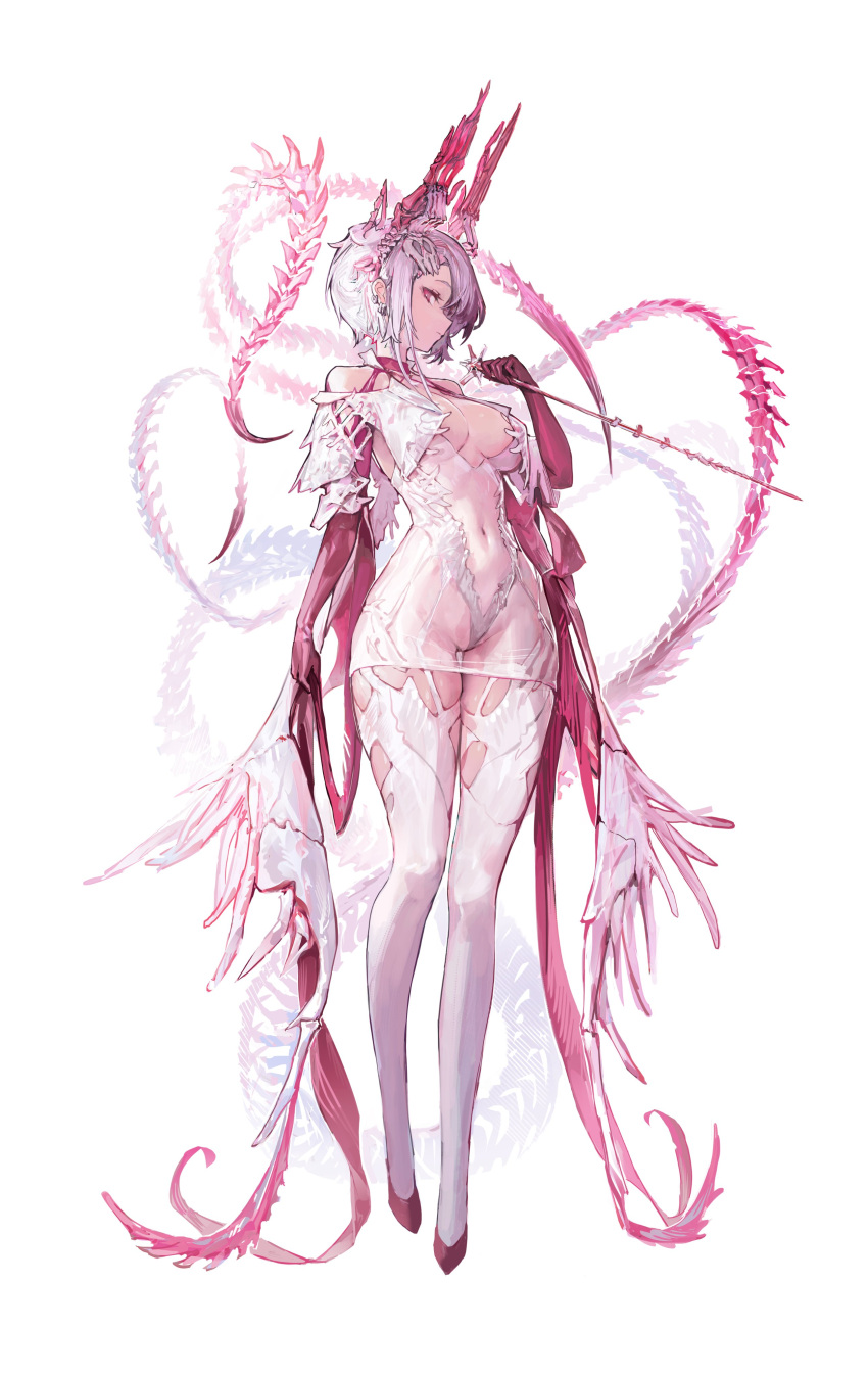 1girl absurdres agoto breasts closed_mouth dress ear_piercing elbow_gloves full_body gloves grey_hair highres holding horns jewelry looking_at_viewer medium_breasts multicolored_hair original piercing pink_hair profile red_eyes red_footwear red_gloves see-through see-through_dress short_hair simple_background solo thighhighs white_background white_thighhighs