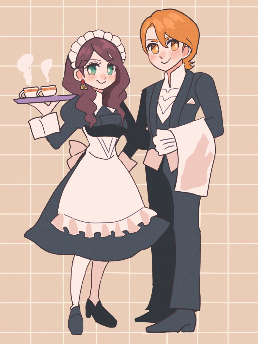 1boy 1girl alternate_costume apron blush brown_hair butler chimney_(chimney0311) dorothea_arnault ferdinand_von_aegir fire_emblem fire_emblem:_three_houses green_eyes highres holding holding_plate looking_at_viewer maid maid_apron maid_headdress orange_eyes orange_hair plate simple_background smile tea