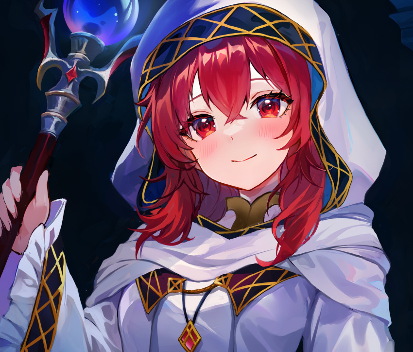 1girl black_background blush closed_mouth dress fire_emblem fire_emblem:_mystery_of_the_emblem fire_emblem:_shadow_dragon_and_the_blade_of_light highres holding holding_staff hood jewelry jurge lena_(fire_emblem) long_hair long_sleeves looking_at_viewer necklace red_eyes red_hair robe simple_background smile solo staff upper_body veil white_dress wide_sleeves