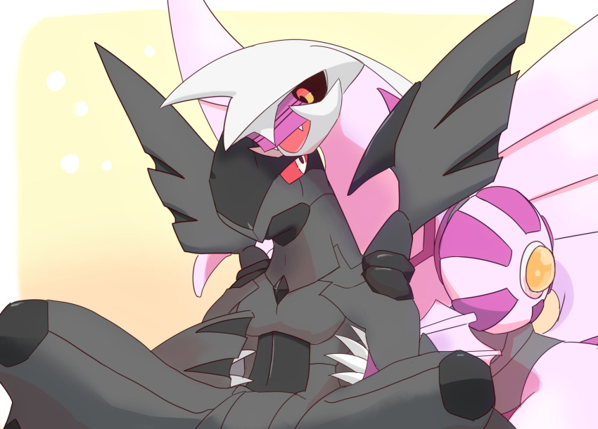 :d black_sclera claws colored_sclera fangs highres hug hug_from_behind no_humans palkia pokemon pokemon_(creature) red_sclera shoulder_pads smile wings yellow_background zekrom