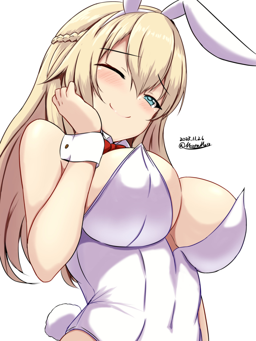 1girl animal_ears bare_legs bare_shoulders blush bow bowtie breasts covered_navel dated detached_collar fake_animal_ears fake_tail highres kantai_collection large_breasts leotard long_hair looking_at_viewer montemasa one_eye_closed playboy_bunny rabbit_ears rabbit_tail smile solo strapless strapless_leotard tail traditional_bowtie twitter_username upper_body warspite_(kancolle) white_background white_leotard wrist_cuffs