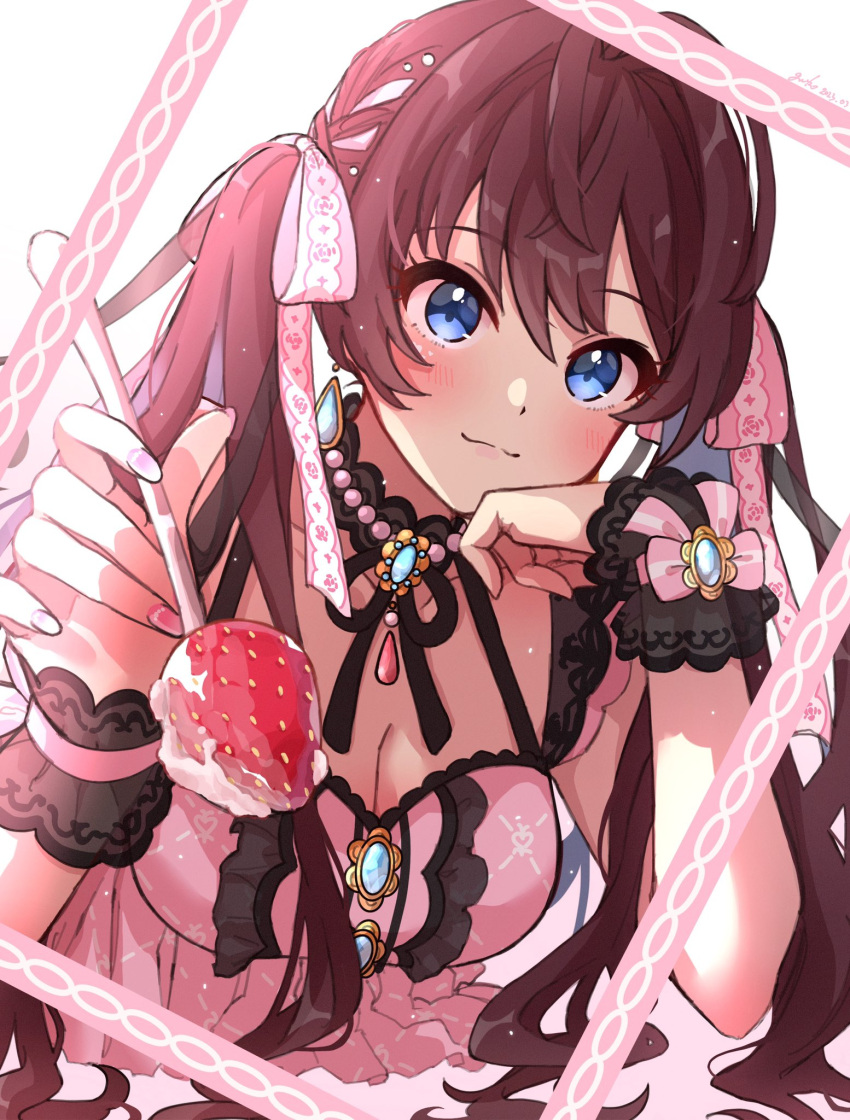 1girl artist_name bare_shoulders blue_eyes blush breasts brown_hair cleavage closed_mouth collarbone dress earrings food fork frilled_dress frills fruit grk_11601 hair_ribbon hand_on_own_chin highres holding holding_fork ichinose_shiki idolmaster idolmaster_cinderella_girls idolmaster_cinderella_girls_starlight_stage jewelry long_hair looking_at_viewer medium_breasts necklace picture_frame pink_dress pink_ribbon ribbon scrunchie see-through simple_background smile solo strawberry two_side_up wrist_scrunchie