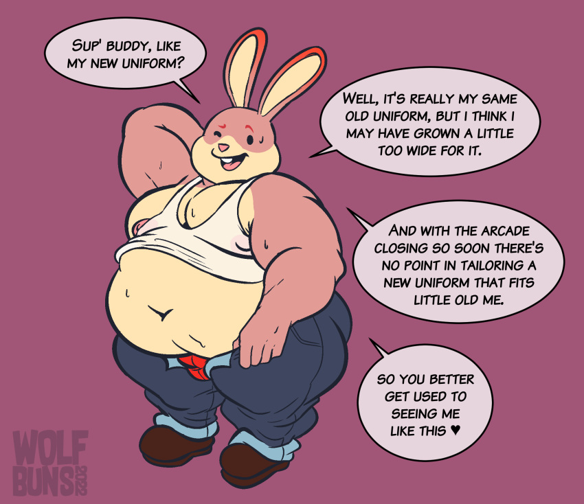 arcade_bunny bodily_fluids bottomwear clothing denim denim_clothing english_text hi_res jeans lagomorph leporid male mammal nintendo nintendo_badge_arcade nipple_outline nipples obese obese_male overweight overweight_male pants rabbit shirt solo sweat tank_top text topwear wolfbuns