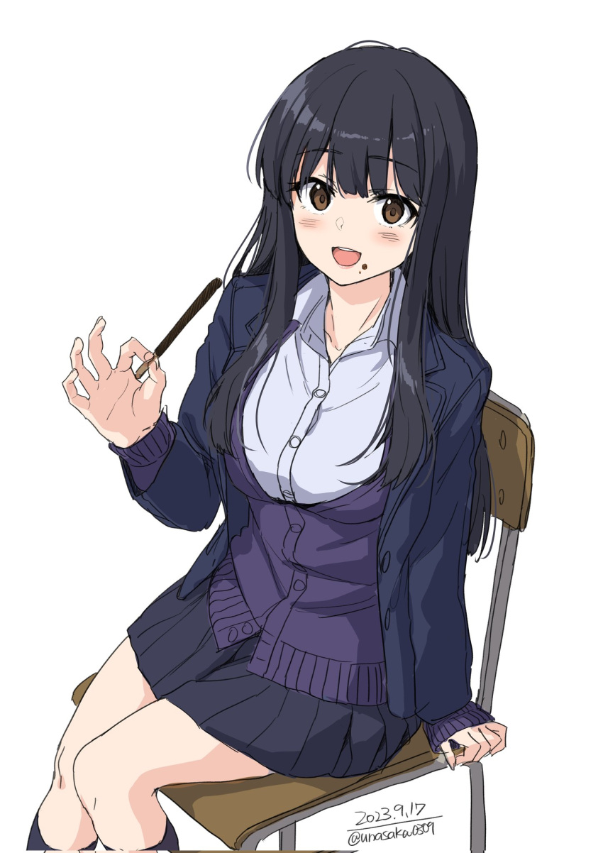 1girl black_hair black_skirt black_socks blue_coat blue_sweater_vest blue_vest blunt_bangs blush breasts brown_eyes chair coat collared_shirt cropped_legs dated food food_in_mouth highres holding holding_food holding_pocky knees_together_feet_apart long_hair long_sleeves looking_at_viewer on_chair open_mouth original pleated_skirt pocky school_chair school_uniform shirt sidelocks simple_background sitting skirt socks sweater_vest teeth thighs twitter_username unasaka_ryou vest white_background white_shirt