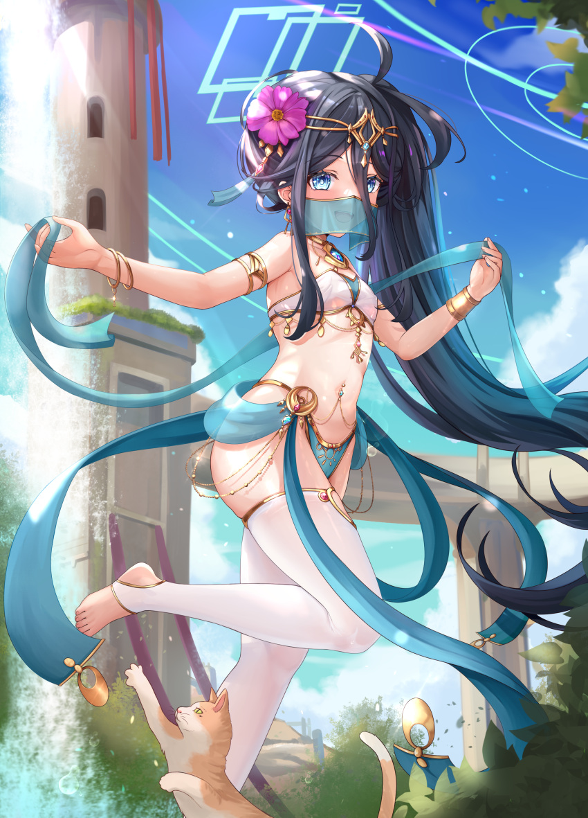 1girl absurdres ahoge alternate_costume animal aris_(blue_archive) armpits bare_shoulders bikini black_hair blue_archive blue_bikini blue_eyes breasts cat circlet covered_nipples dancer day earrings flower gold_trim hair_flower hair_ornament halo highleg highleg_bikini highres jewelry leg_up long_hair looking_at_viewer mismatched_bikini mouth_veil navel navel_piercing outdoors outstretched_arms piercing sash sechka side_ponytail sidelocks small_breasts solo standing standing_on_one_leg stomach string_bikini swimsuit thighhighs thighs toeless_legwear veil very_long_hair wet white_bikini white_thighhighs