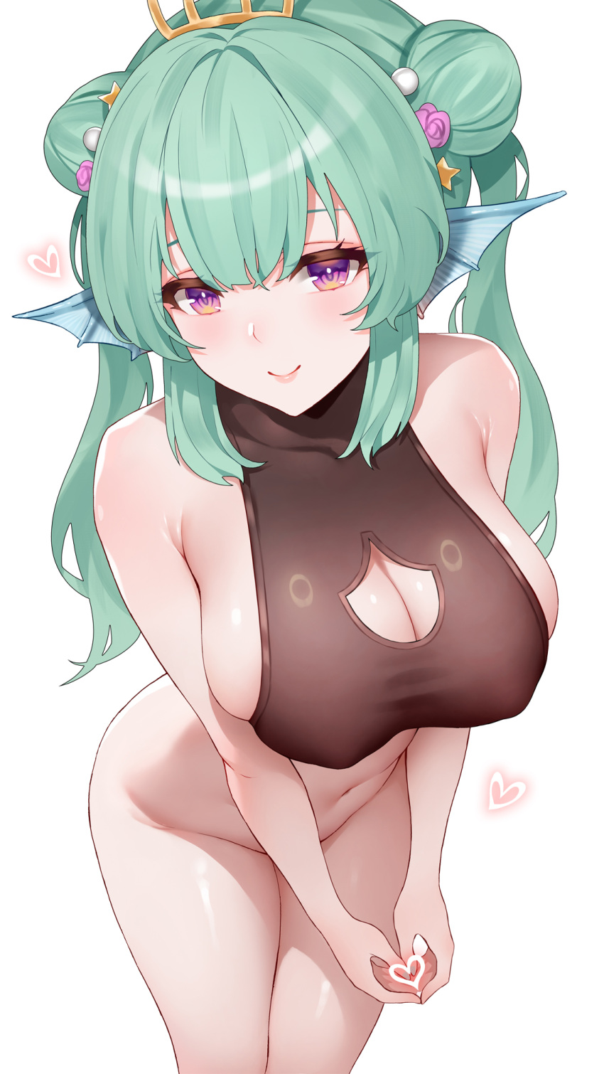 1girl alternate_breast_size armpit_crease bangs bare_arms bare_shoulders black_shirt bottomless breasts cleavage cleavage_cutout closed_mouth clothing_cutout commentary convenient_arm covered_collarbone covered_nipples cowboy_shot crop_top double_bun finana_ryugu fish_girl flower green_hair groin hair_between_eyes hair_bun hair_flower hair_ornament head_fins heart heart_hands highres large_breasts light_blush long_hair looking_at_viewer navel nijisanji nijisanji_en pearl_hair_ornament pink_flower pink_rose purple_eyes rose secon shirt sideboob sidelocks simple_background sleeveless sleeveless_shirt smile solo standing star_(symbol) star_hair_ornament stomach tiara v_arms virtual_youtuber white_background