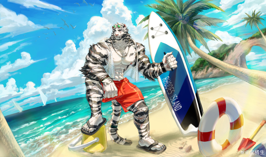 1boy abs absurdres alternate_costume animal_ears arknights bara bare_pectorals beach blue_sky chest_tuft cloud day dog_tags facial_hair full_body furry furry_male goatee highres holding holding_surfboard horizon hujusheng innertube jacket large_hands large_pectorals legs_apart male_focus male_swimwear mountain_(arknights) muscular muscular_male nipples ocean outdoors palm_tree pectorals planted red_male_swimwear sand scar scar_across_eye scar_on_arm see-through see-through_jacket shore short_hair sky slippers smile solo standing starfish stomach surfboard swim_trunks thick_eyebrows tiger_boy tiger_ears tree water white_hair