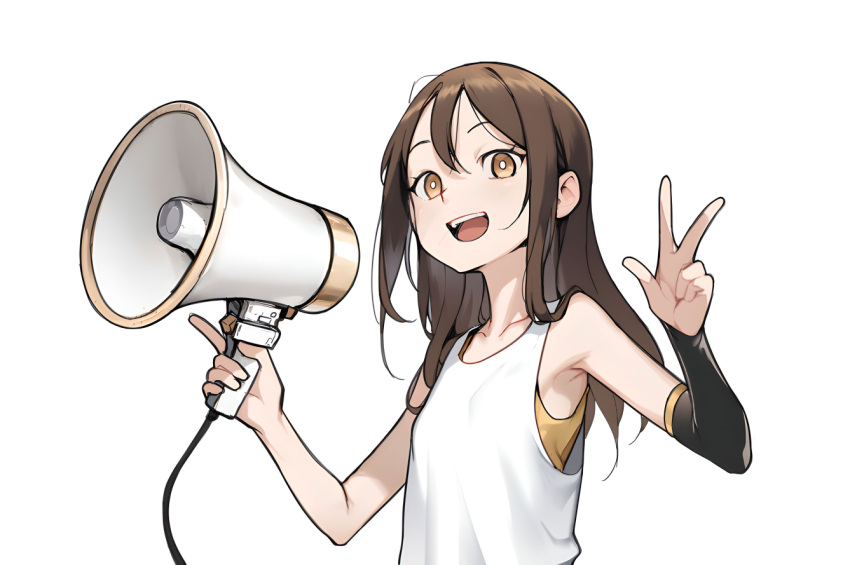 1girl :d blvefo9 brown_eyes brown_hair commentary english_commentary flat_chest holding holding_megaphone long_hair looking_at_viewer megaphone original simple_background smile solo teeth upper_body upper_teeth_only w white_background
