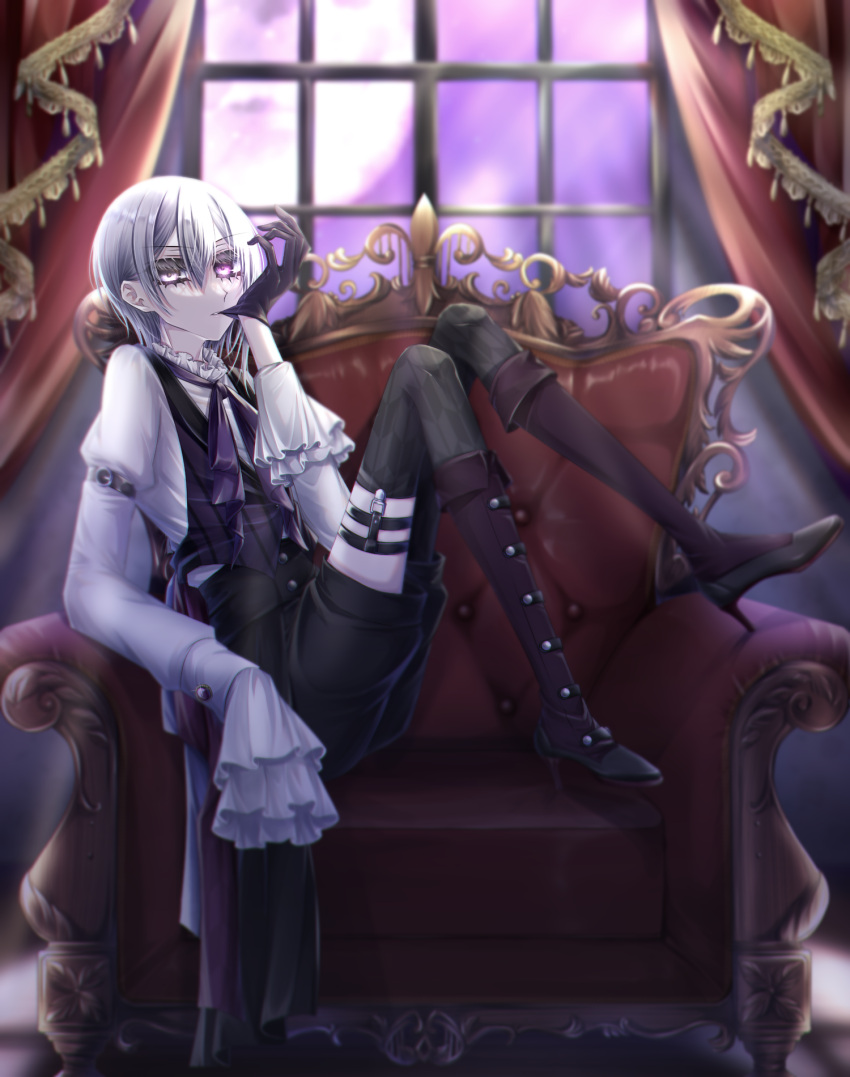1other androgynous black_shorts black_vest boots chair gloves green_eyes heterochromia highres looking_at_viewer moon original purple_eyes purple_sky shorts sitting sky solo undressing vest white_hair window
